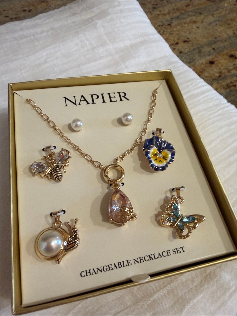 Napier Gold-Tone Necklace Set with Pink Teardrop and Blue-Yellow Floral Charm - Picture 8 of 8